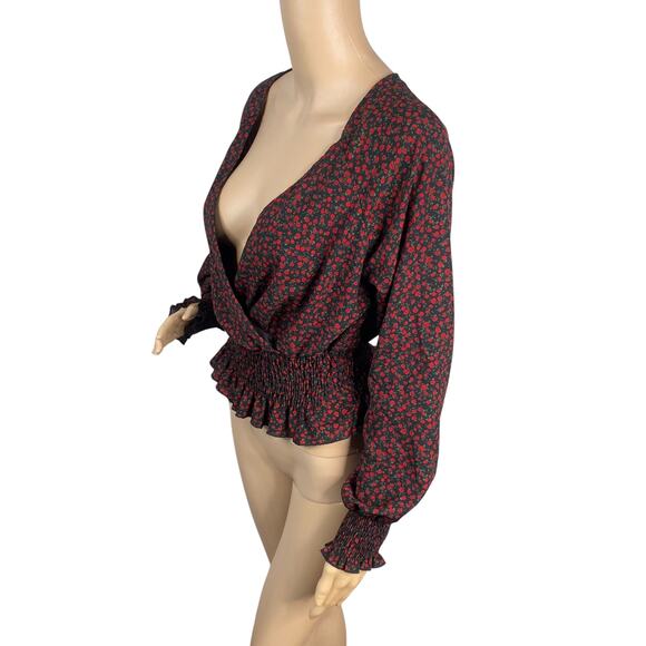 Nordstrom Bp Black Red Ditsy Floral Whimsigoth Peplum Blouse Top SZ M - Picture 5 of 8